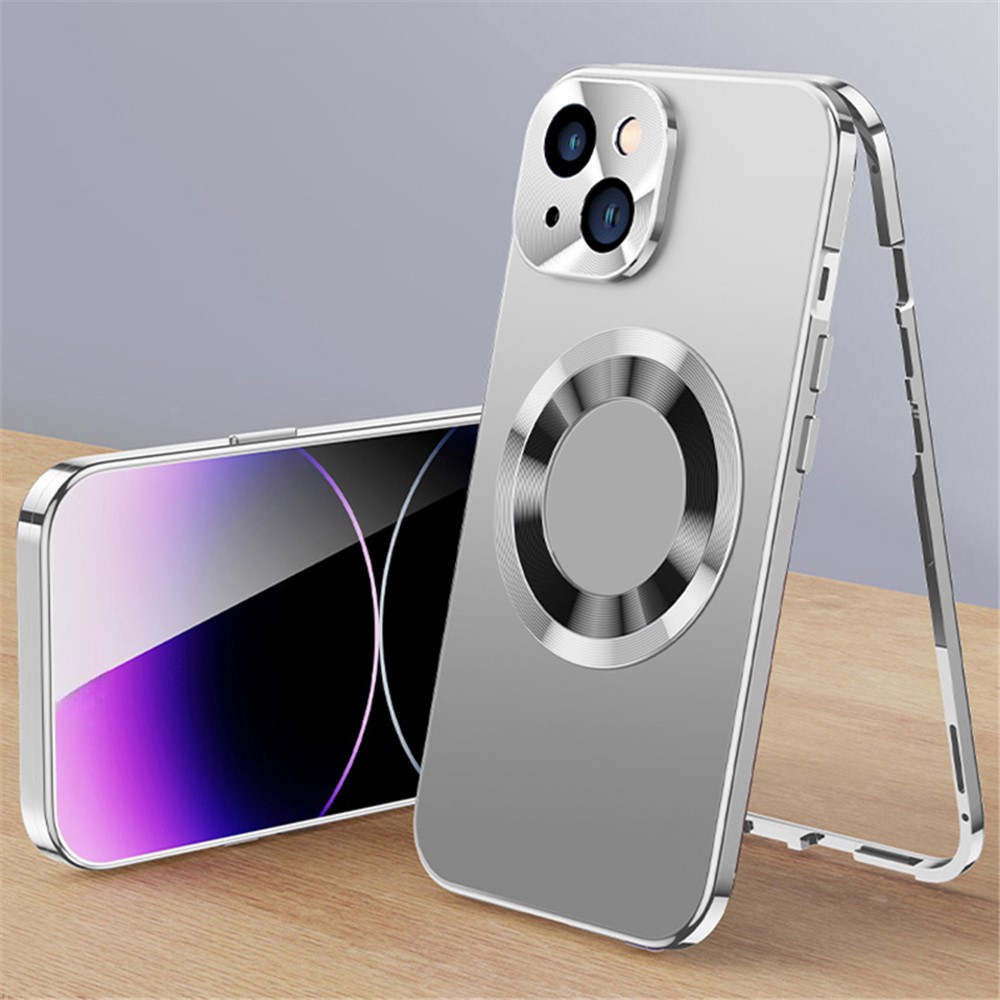 For iPhone 14 Case Compatible with Magsafe  Acrylic+Tempered Glass Clear Phone Case - Silver