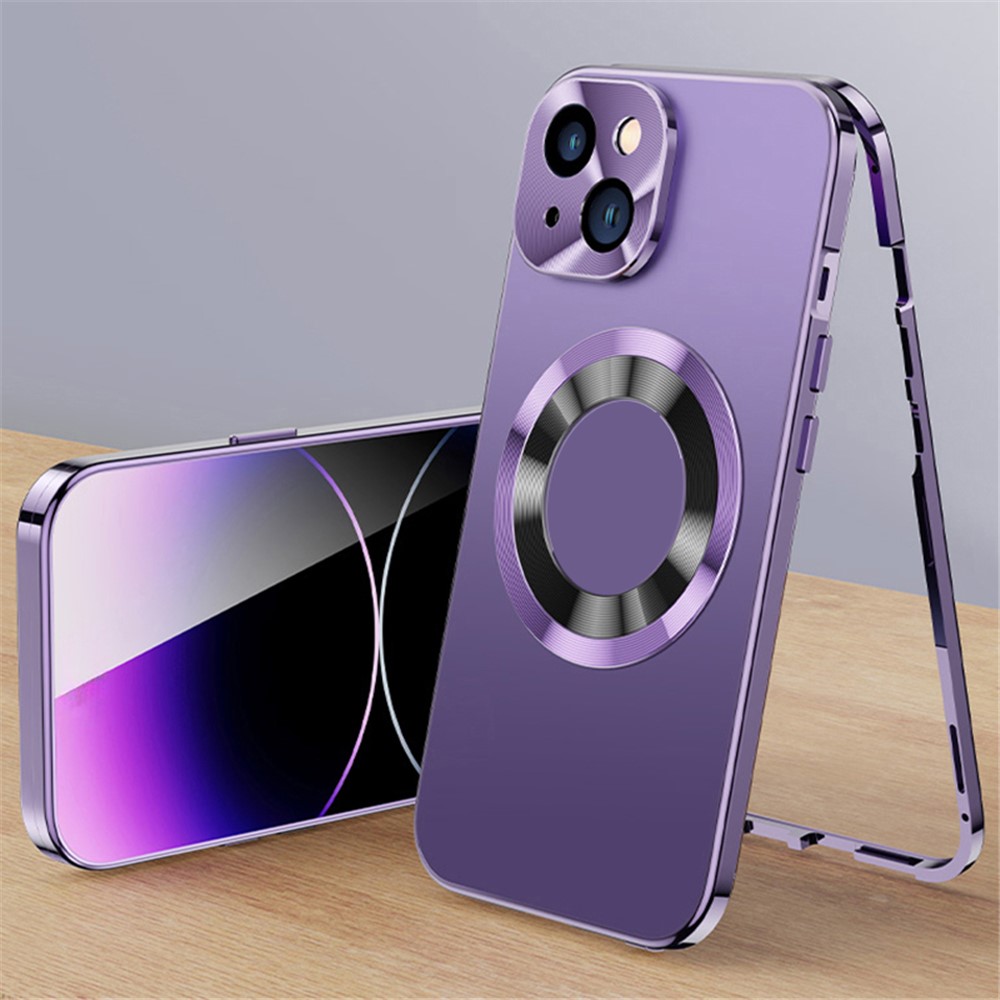 For iPhone 14 Plus Compatible with Magsafe Acrylic+Tempered Glass Anti-Drop Clear Phone Cover with Buckle Lock - Dark Purple