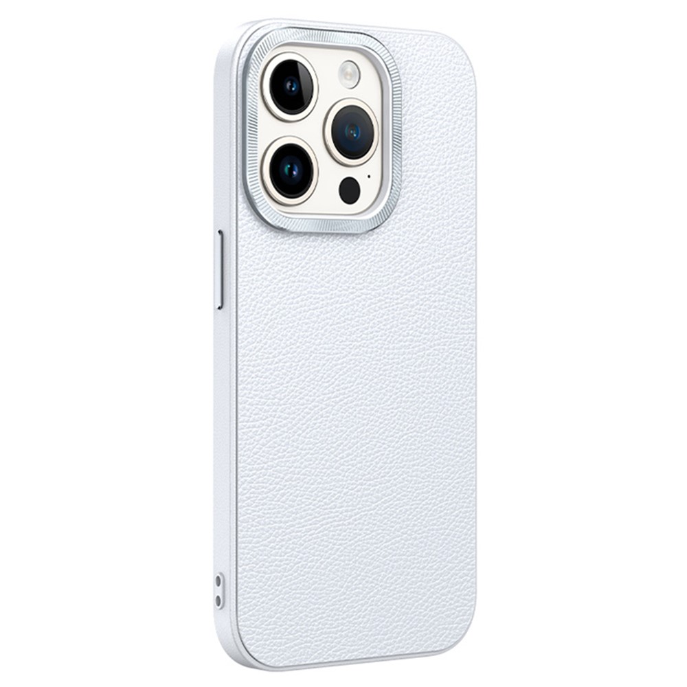 For iPhone 13 Pro 6.1 inch Case Metal Lens Frame PU Leather+TPU Anti-drop Phone Cover - White