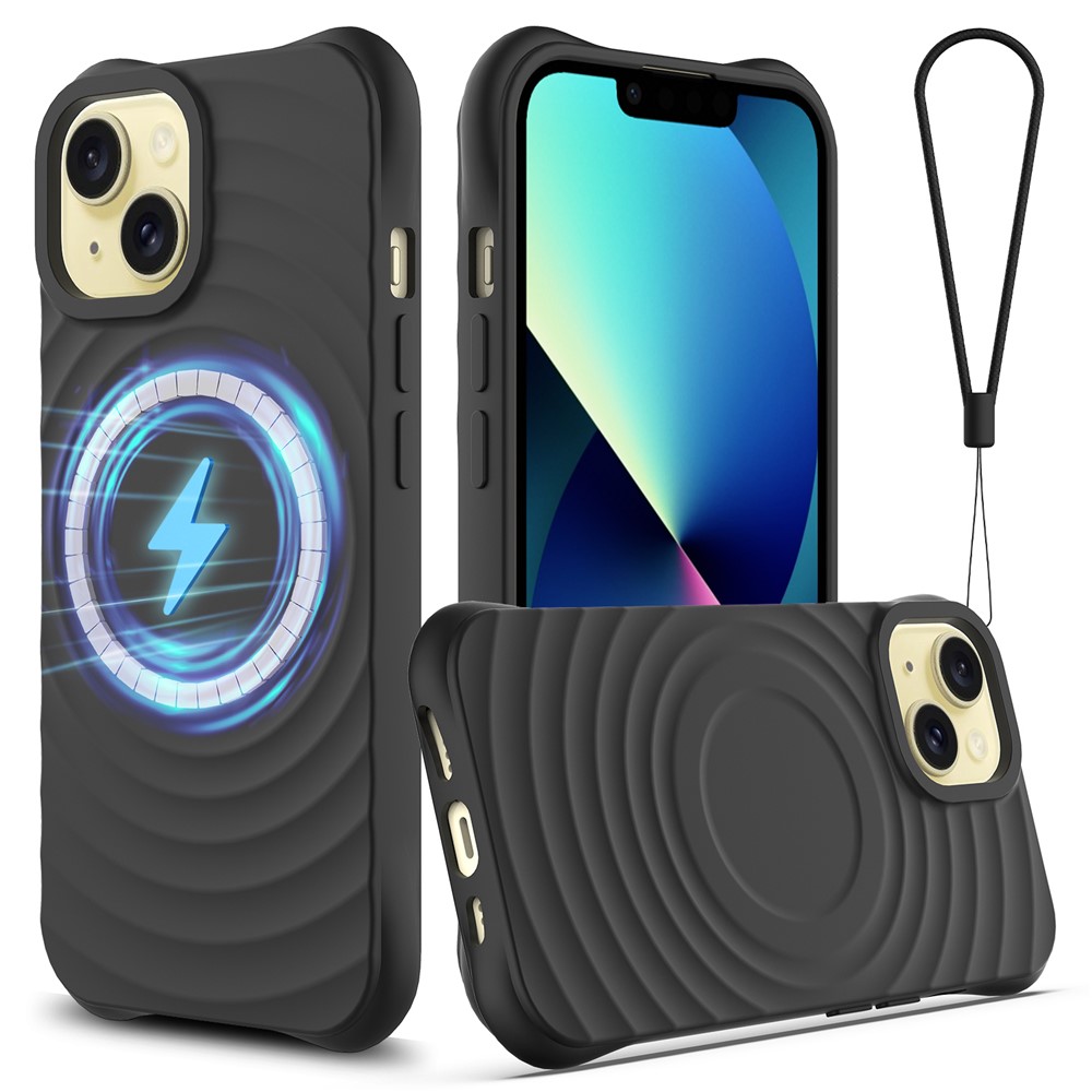 For iPhone 13 Case Compatible with Magsafe Ripple Texture Liquid Silicone Soft Phone Cover - Black