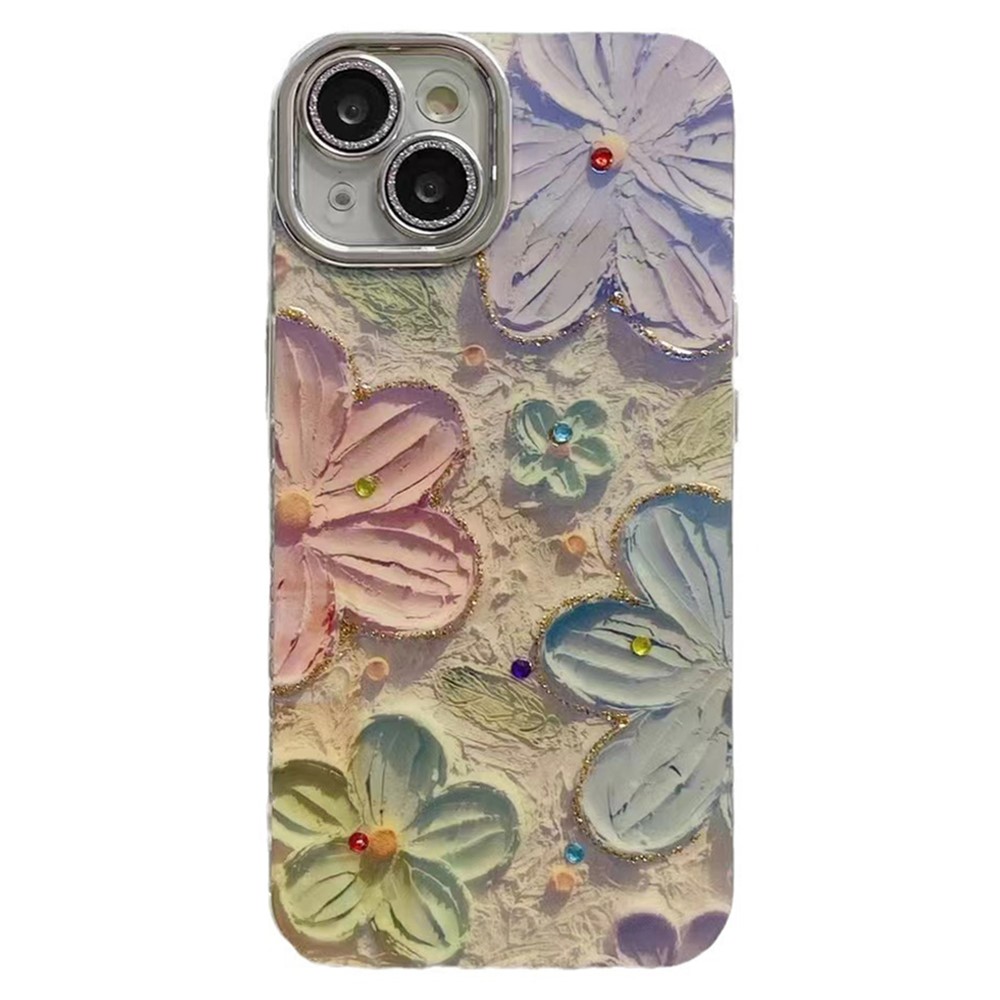 For iPhone 14 Case Electroplating Epoxy TPU Phone Cover with PC Lens Film+Metal Lens Frame - Pink+Blue Flower