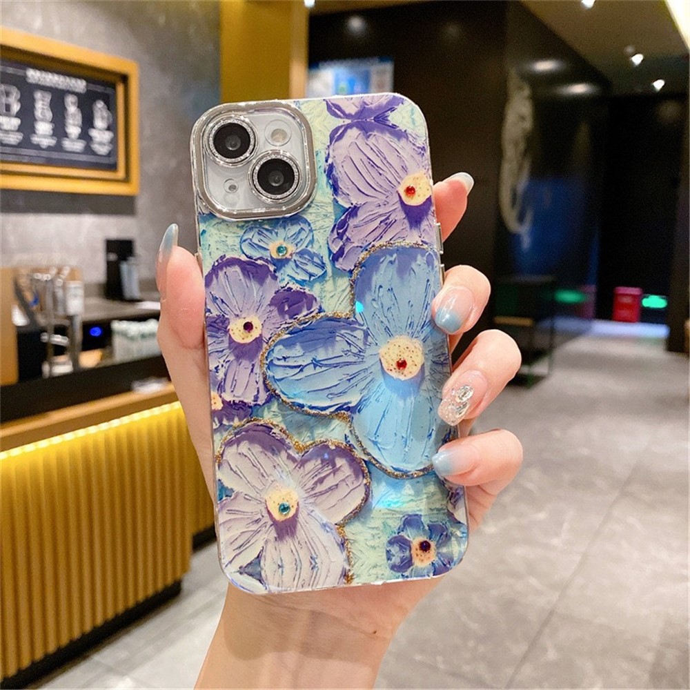 For iPhone 14 Case Electroplating Epoxy TPU Phone Cover with PC Lens Film+Metal Lens Frame - Blue+Purple Flower