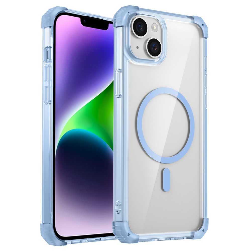 For iPhone 13 / 14 Magnetic Case TPU+PC Clear Back Phone Cover Reinforced Drop Protection - Transparent Blue