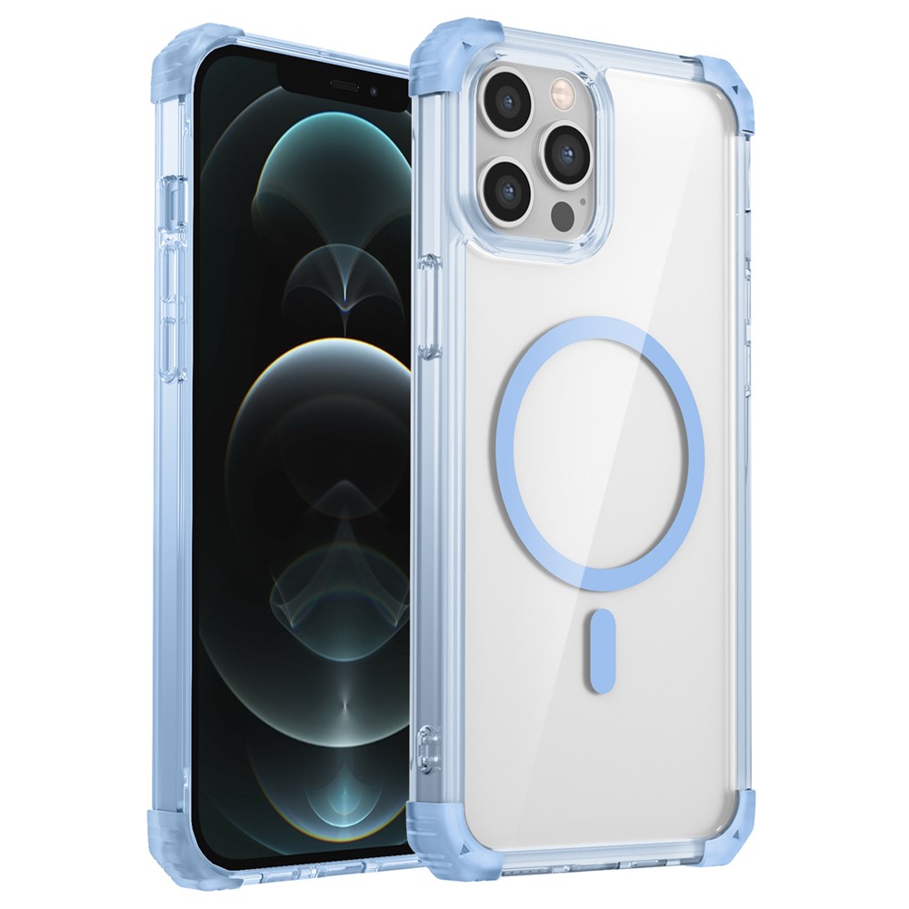 For iPhone 12 / 12 Pro Case Four Corners Air Cushion TPU+PC Hybrid Magnetic Phone Cover - Transparent Blue