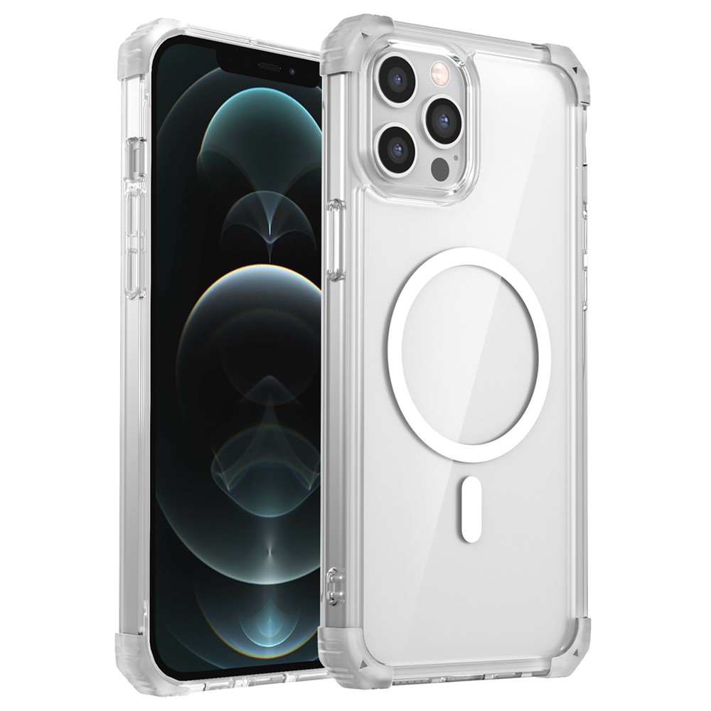 For iPhone 12 / 12 Pro Case Four Corners Air Cushion TPU+PC Hybrid Magnetic Phone Cover - Transparent