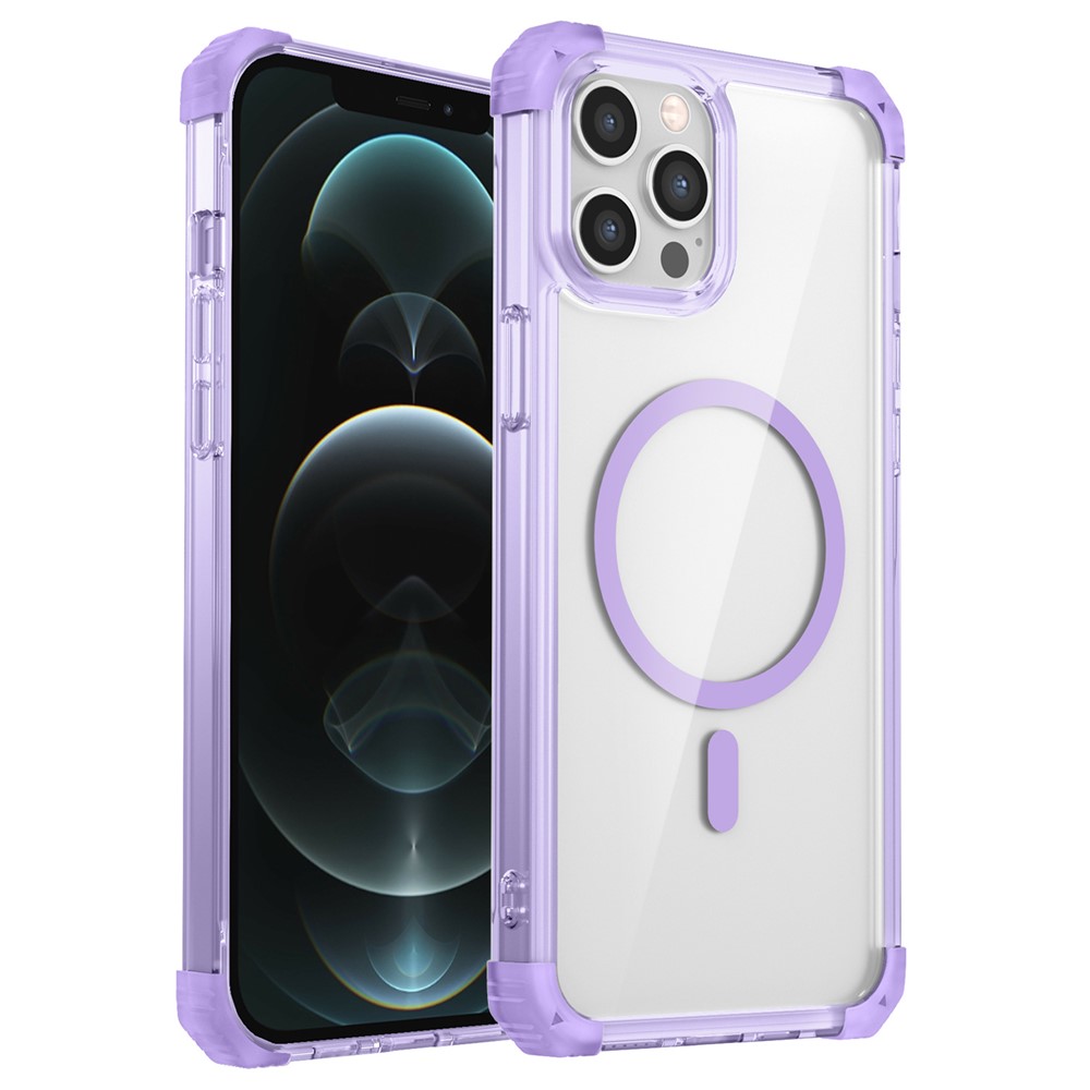 For iPhone 12 / 12 Pro Case Four Corners Air Cushion TPU+PC Hybrid Magnetic Phone Cover - Transparent Purple