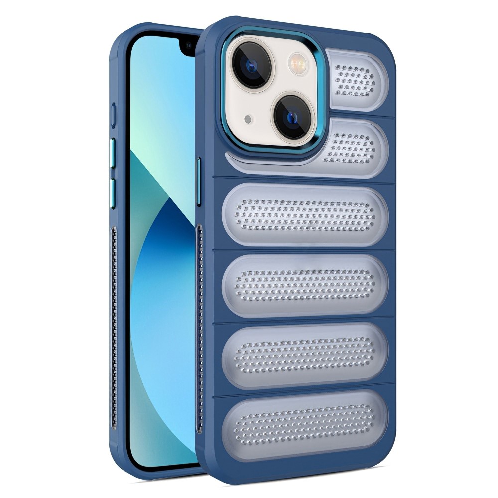 For iPhone 14 Case Mesh Breathable PC+TPU Translucent Matte Back Phone Cover - Blue