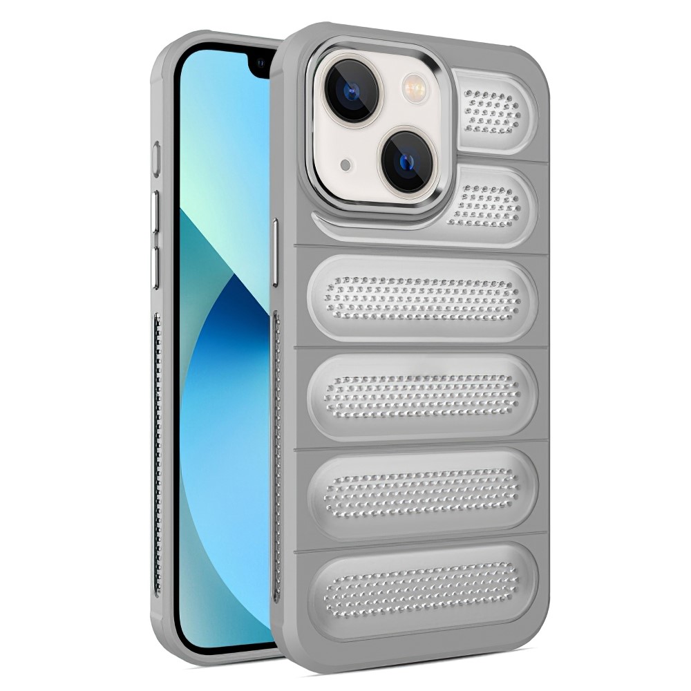 For iPhone 14 Case Mesh Breathable PC+TPU Translucent Matte Back Phone Cover - Grey