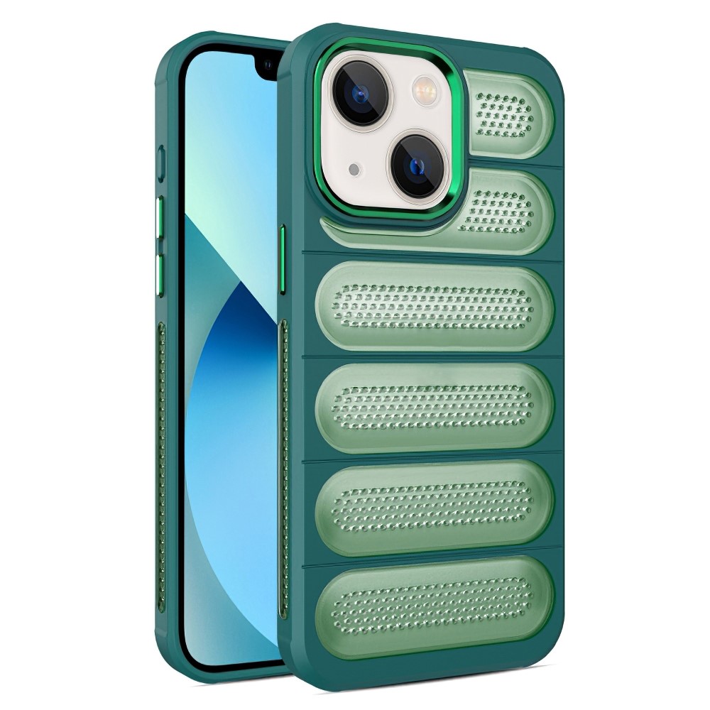 For iPhone 14 Case Mesh Breathable PC+TPU Translucent Matte Back Phone Cover - Green
