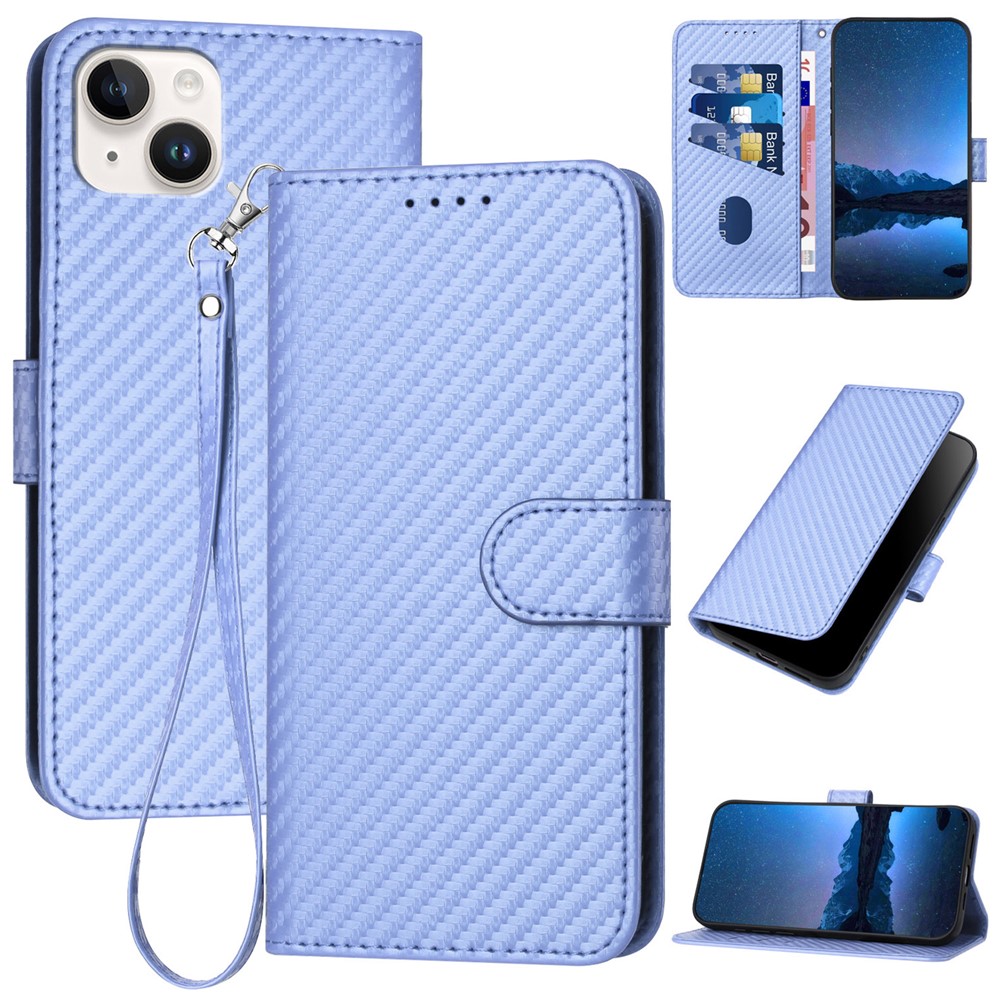 YX0070 For iPhone 15 Plus Case Carbon Fiber Texture Full Protection Leather Wallet Phone Cover - Light Purple
