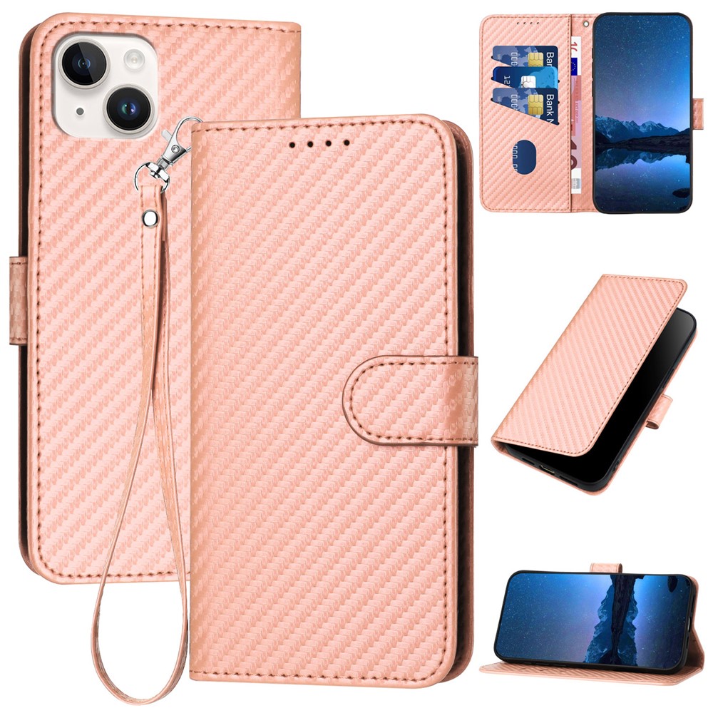 YX0070 For iPhone 15 Plus Case Carbon Fiber Texture Full Protection Leather Wallet Phone Cover - Pink