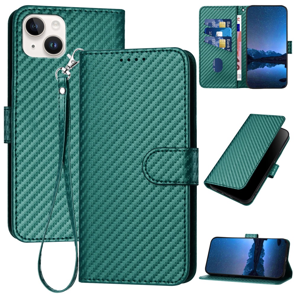 YX0070 For iPhone 15 Plus Case Carbon Fiber Texture Full Protection Leather Wallet Phone Cover - Blackish Green