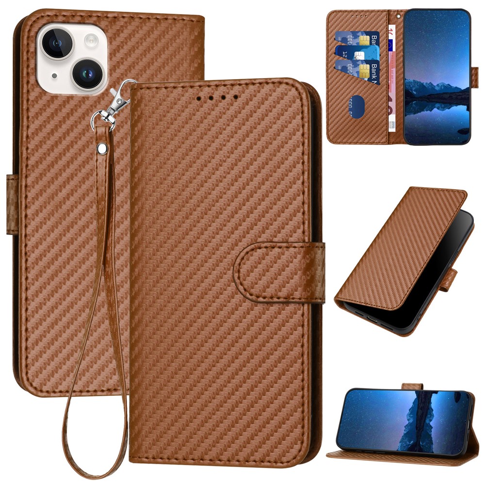 YX0070 For iPhone 15 Plus Case Carbon Fiber Texture Full Protection Leather Wallet Phone Cover - Coffee