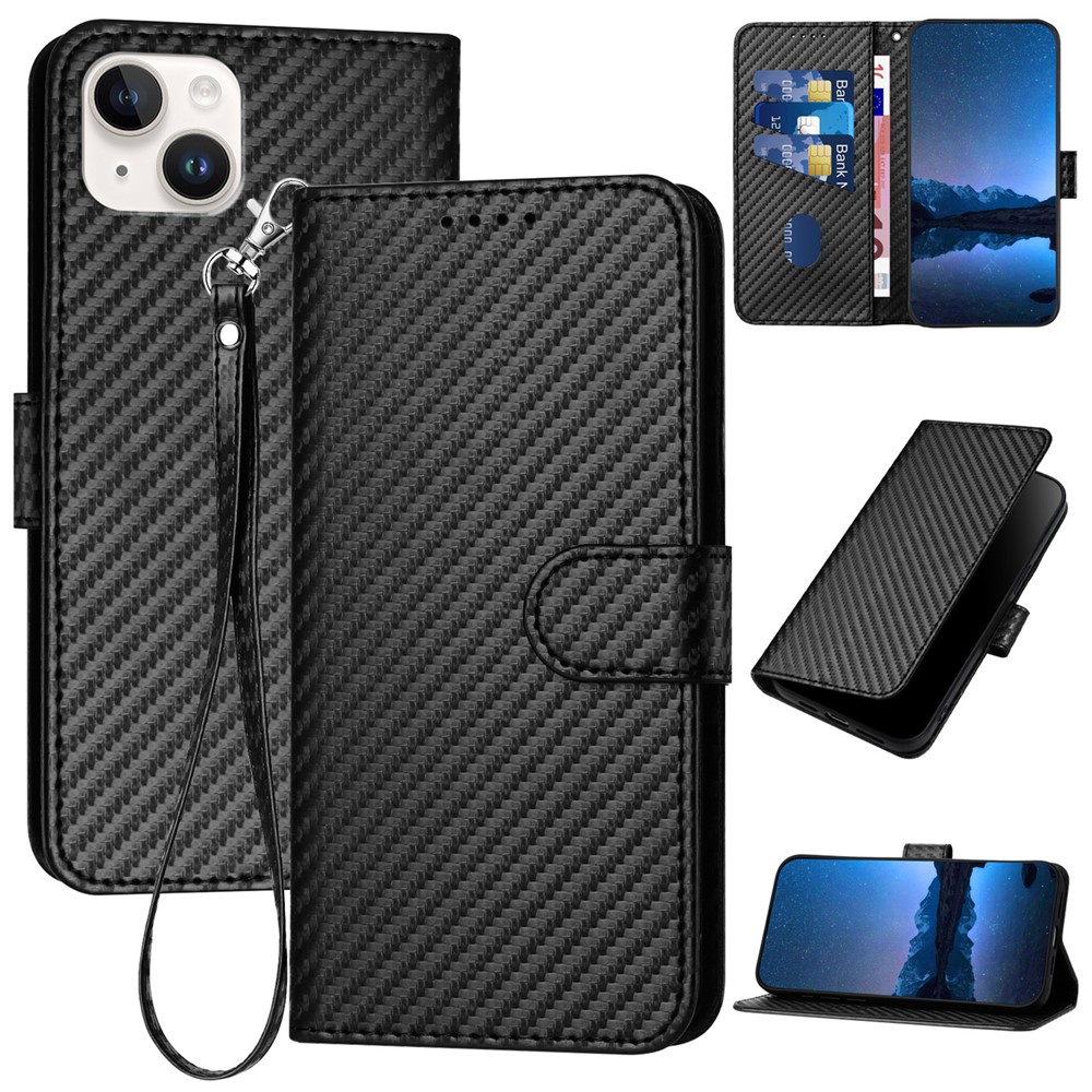 YX0070 For iPhone 15 Plus Case Carbon Fiber Texture Full Protection Leather Wallet Phone Cover - Black
