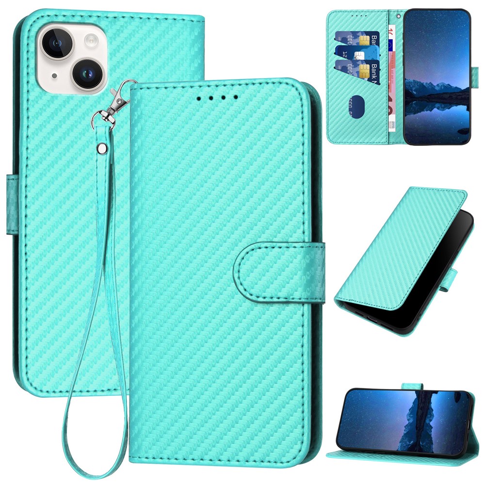 YX0070 For iPhone 15 Plus Case Carbon Fiber Texture Full Protection Leather Wallet Phone Cover - Baby Blue