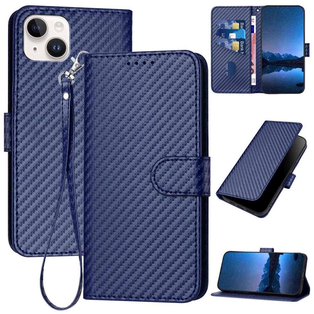 YX0070 For iPhone 15 Plus Case Carbon Fiber Texture Full Protection Leather Wallet Phone Cover - Sapphire
