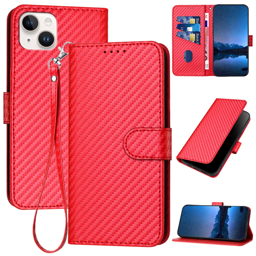 YX0070 For iPhone 15 Plus Case Carbon Fiber Texture Full Protection Leather Wallet Phone Cover - Red