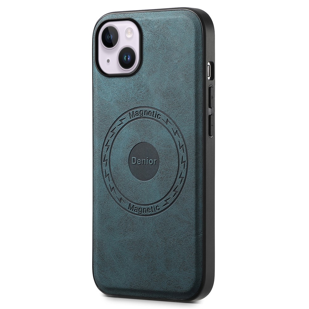 DENIOR A11 For iPhone 13 / 14 Magnetic Case Retro Leather Coated PC+TPU Anti-Scratch Cover - Blue