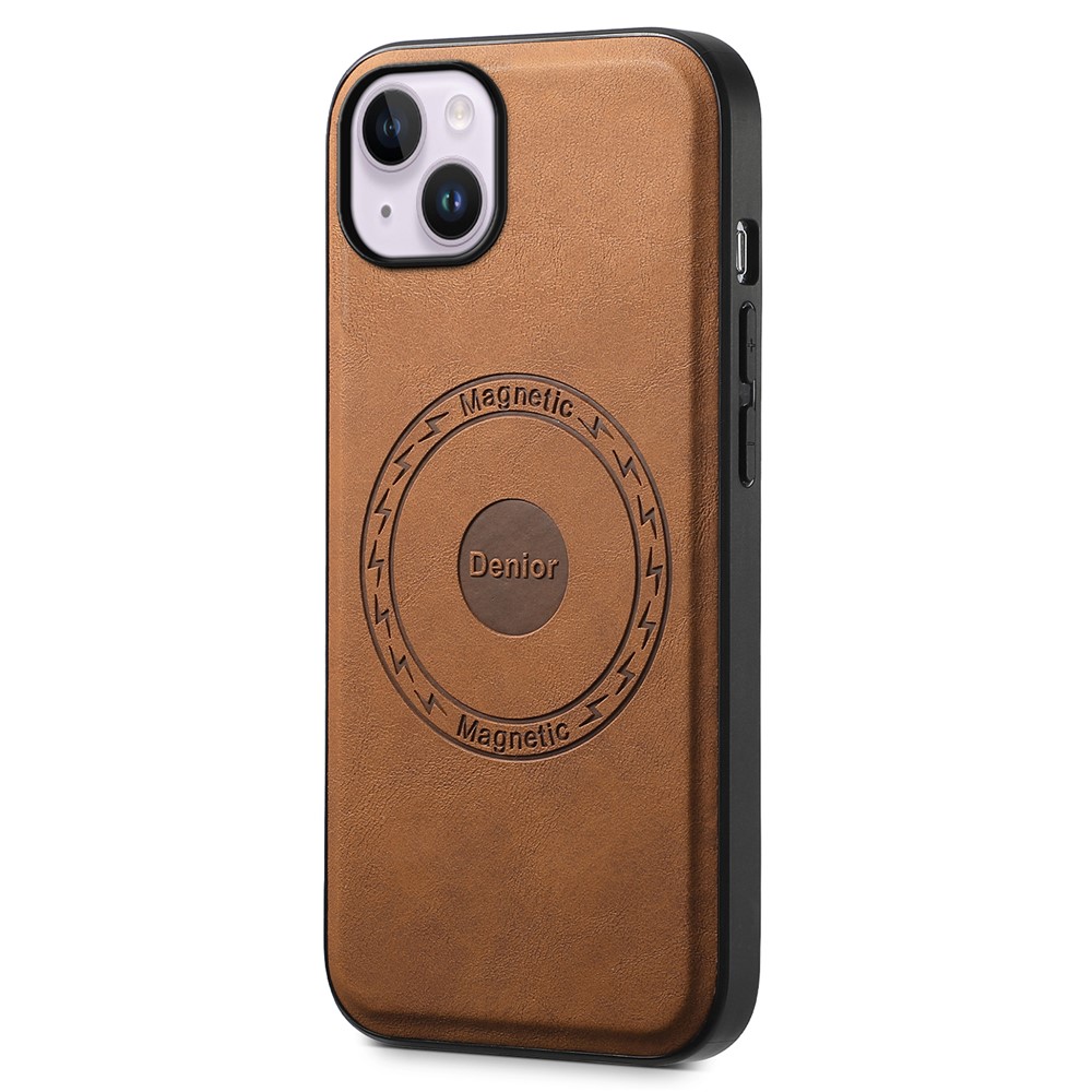 DENIOR A11 For iPhone 13 / 14 Magnetic Case Retro Leather Coated PC+TPU Anti-Scratch Cover - Brown
