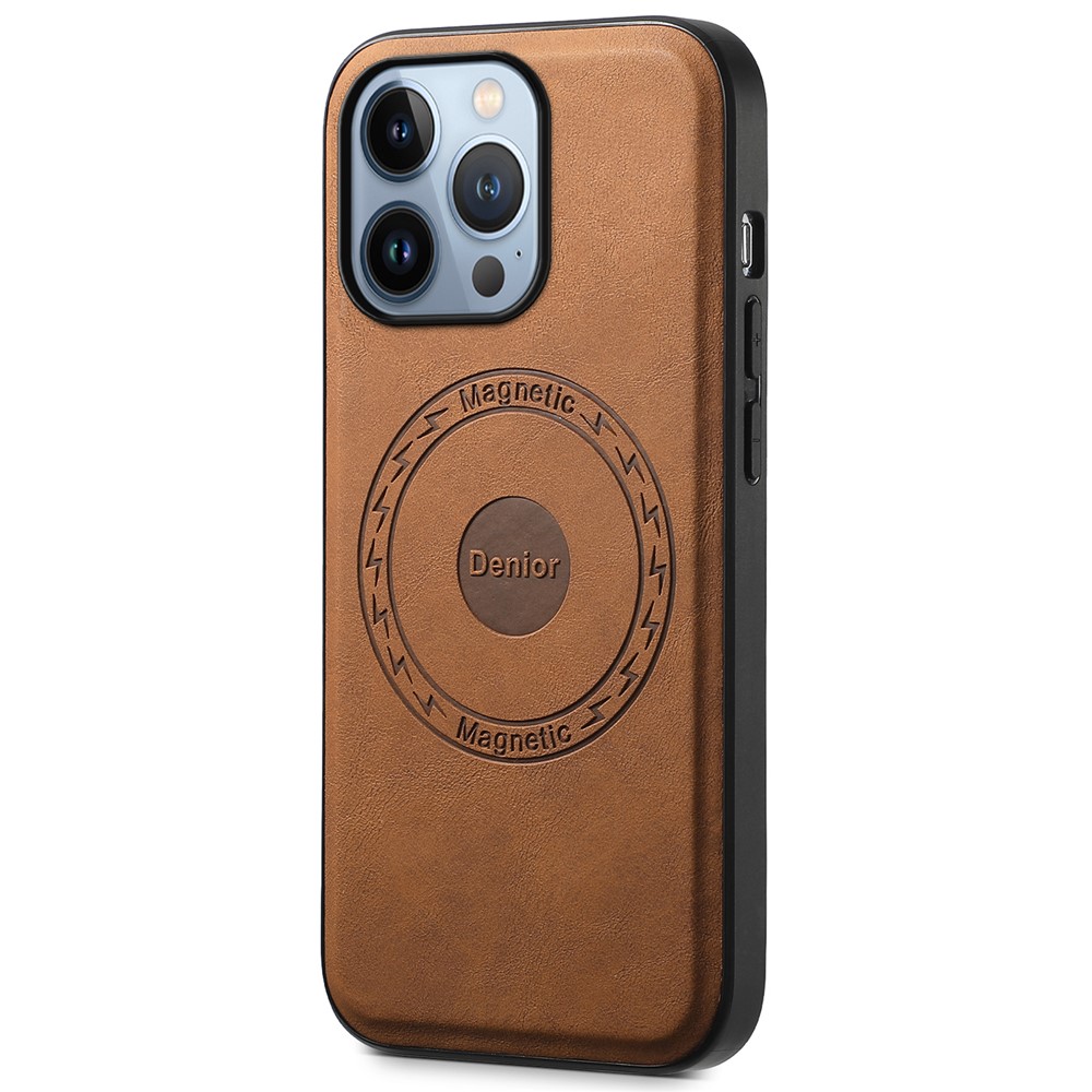 DENIOR A11 For iPhone 13 Pro Case Retro Leather+ PC+TPU Magnetic Phone Cover - Brown