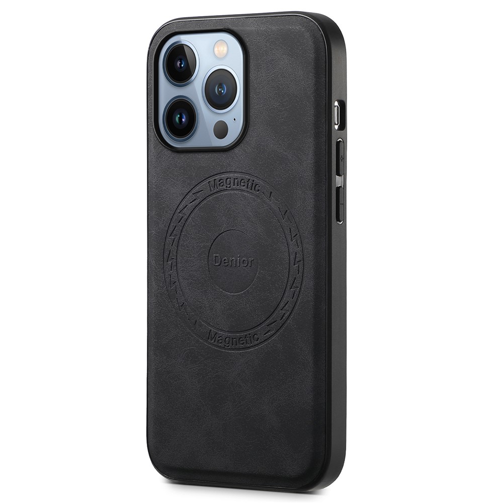 DENIOR A11 For iPhone 13 Pro Max Magnetic Case Leather+PC+TPU Retro Phone Cover - Black
