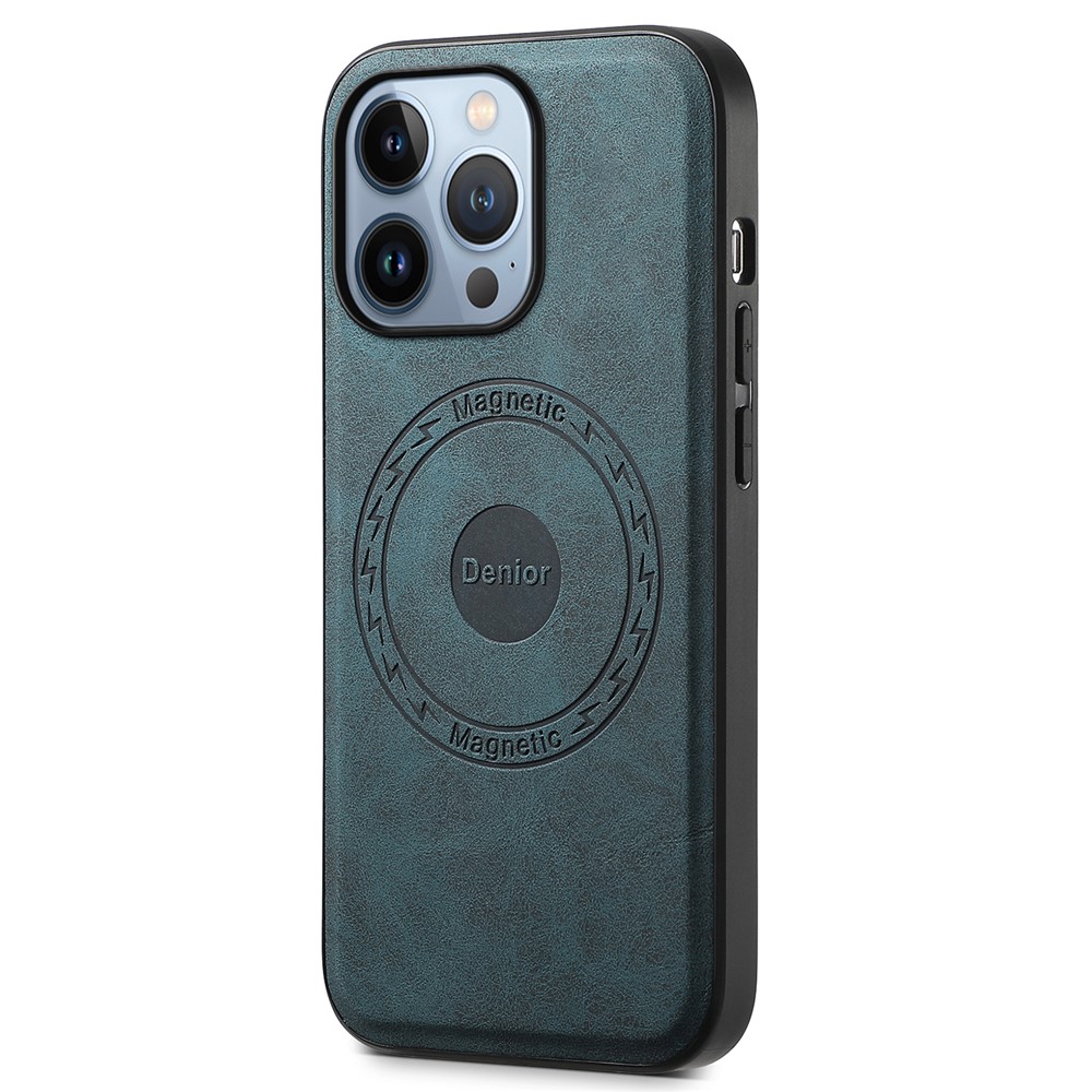 DENIOR A11 For iPhone 13 Pro Max Magnetic Case Leather+PC+TPU Retro Phone Cover - Blue