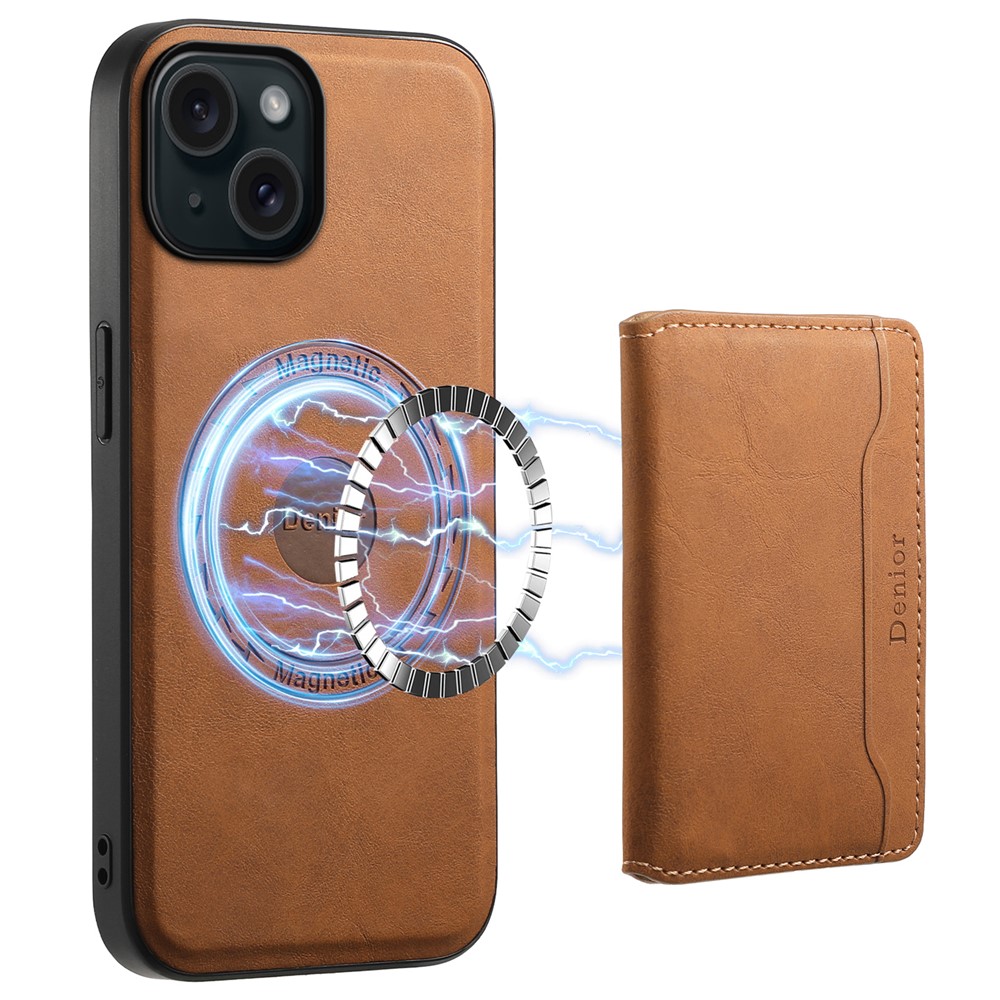 DENIOR D13 For iPhone 15 Plus Anti-drop Magnetic Leather+TPU+PC Phone Cover with Card Bag - Brown