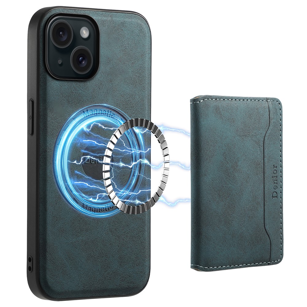DENIOR D13 For iPhone 15 Plus Anti-drop Magnetic Leather+TPU+PC Phone Cover with Card Bag - Blue