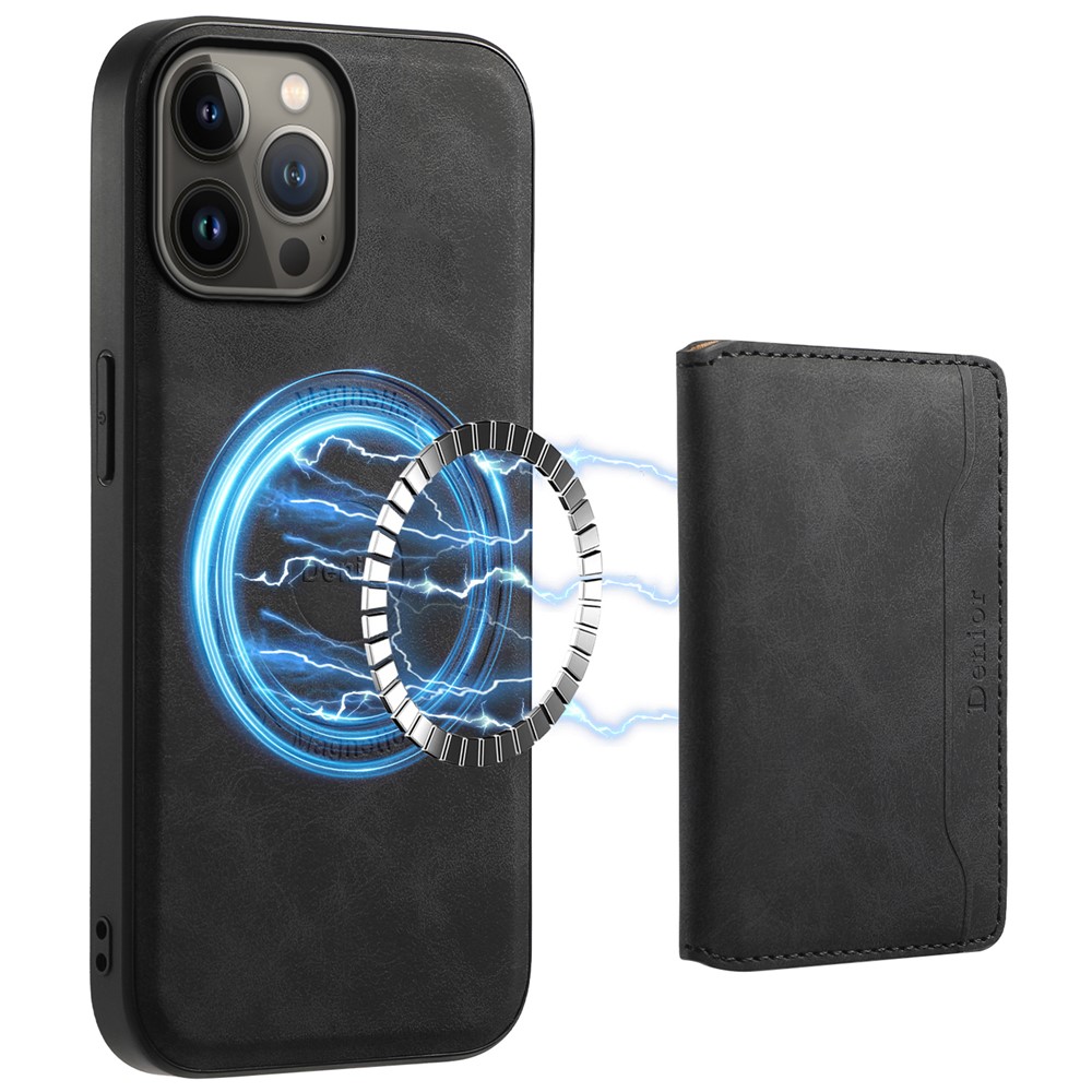 DENIOR D13 For iPhone 13 Pro Max 6.7 inch Case Magnetic Leather+TPU+PC Phone Cover with Card Bag - Black