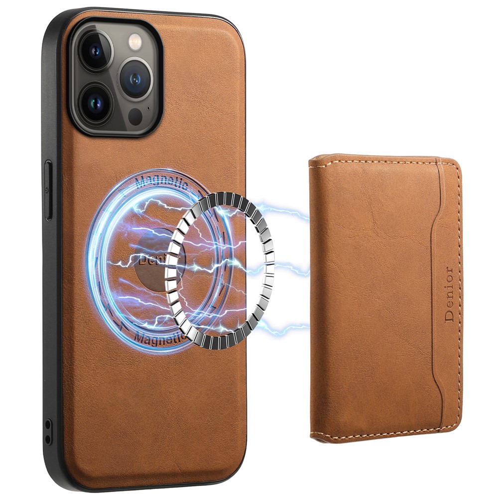 DENIOR D13 For iPhone 13 Pro Max 6.7 inch Case Magnetic Leather+TPU+PC Phone Cover with Card Bag - Brown