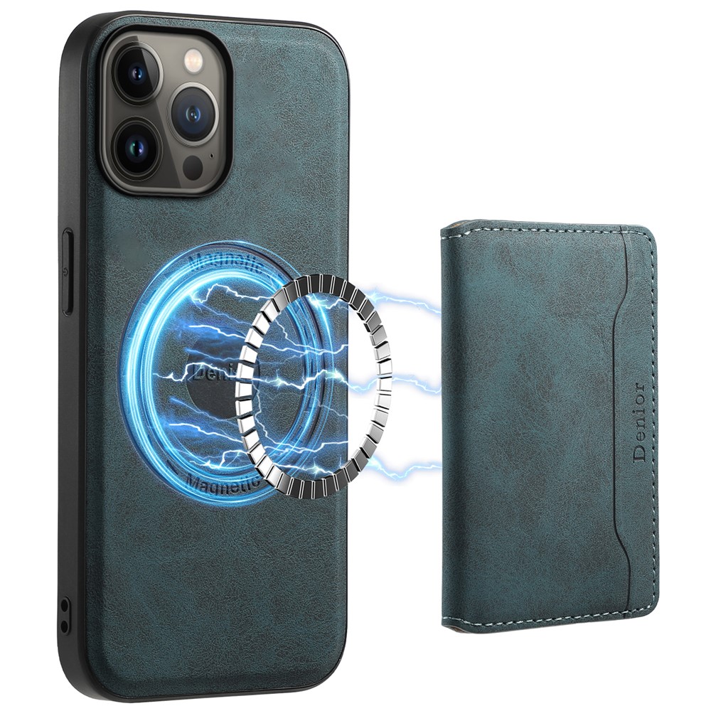 DENIOR D13 For iPhone 13 Pro Max 6.7 inch Case Magnetic Leather+TPU+PC Phone Cover with Card Bag - Blue