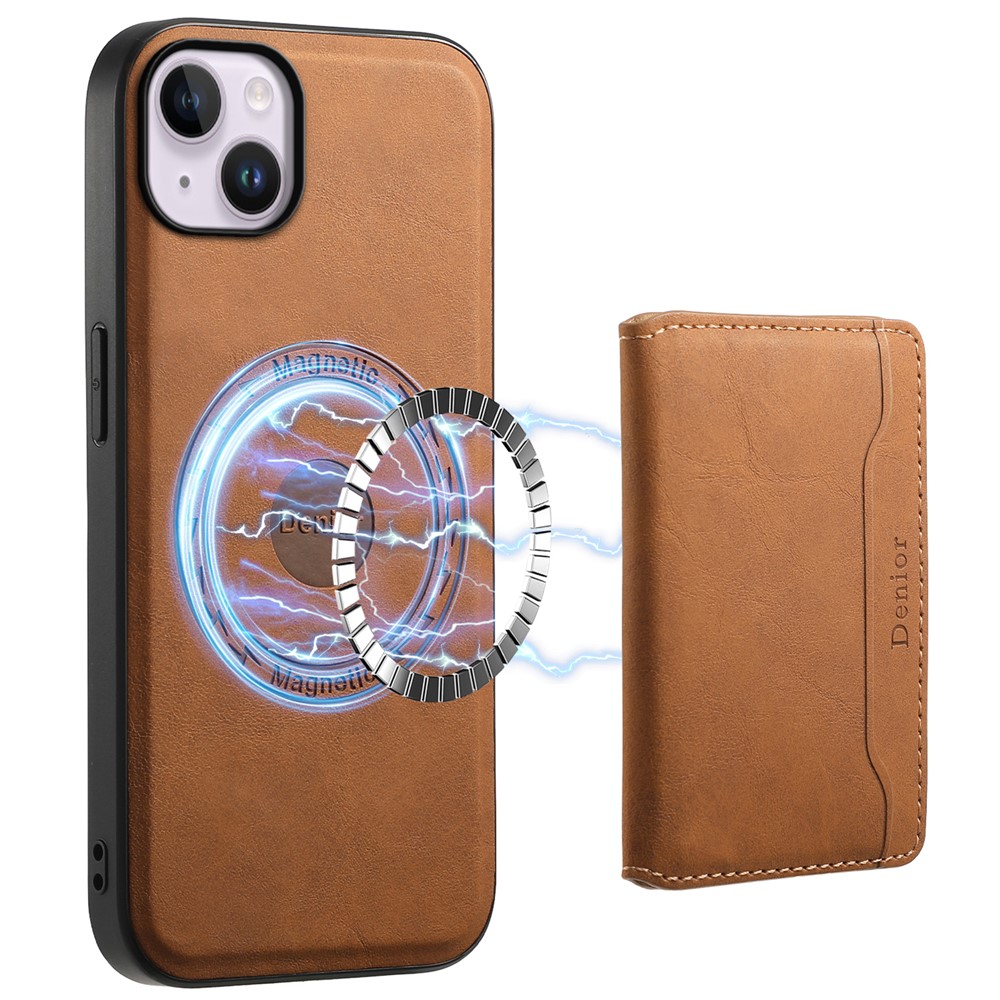 DENIOR D13 For iPhone 14 Plus Magnetic Leather+TPU+PC Bump Proof Phone Cover with Card Bag - Brown