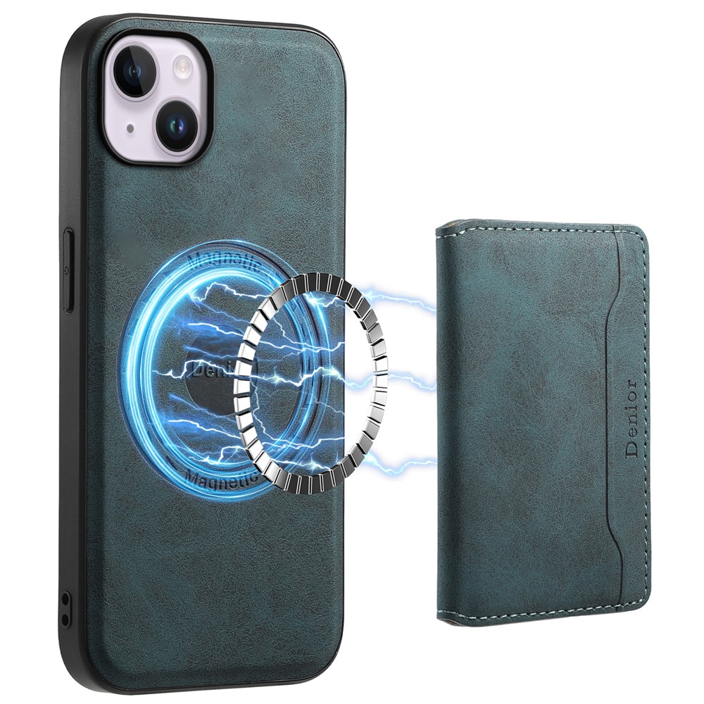 DENIOR D13 For iPhone 14 Plus Magnetic Leather+TPU+PC Bump Proof Phone Cover with Card Bag - Blue
