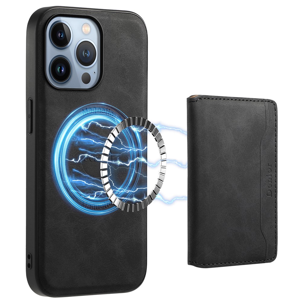DENIOR D13 For iPhone 13 Pro Case Leather Phone Protective Cover with Detachable Magnetic Card Holder - Black