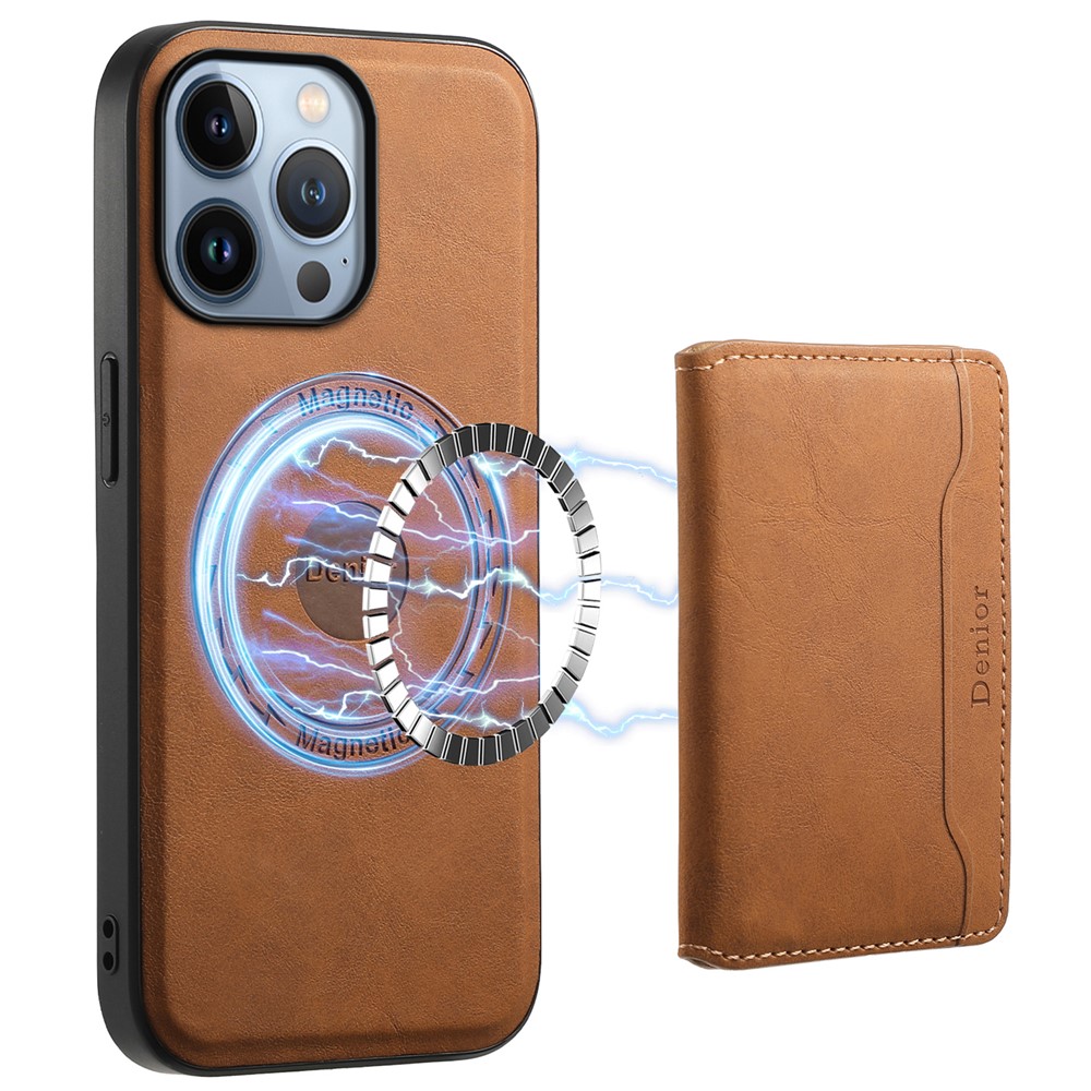 DENIOR D13 For iPhone 13 Pro Case Leather Phone Protective Cover with Detachable Magnetic Card Holder - Brown