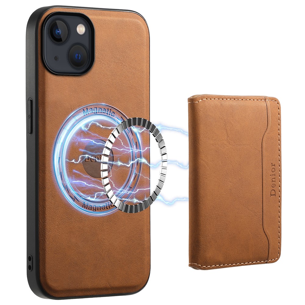 DENIOR D13 For iPhone 13 / 14 Case Leather Back Phone Cover with Detachable Magnetic Card Holder - Brown