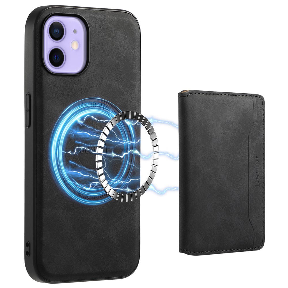 DENIOR D13 For iPhone 12 / 12 Pro Case Vintage PU Leather Back Cover with Detachable Card Holder - Black
