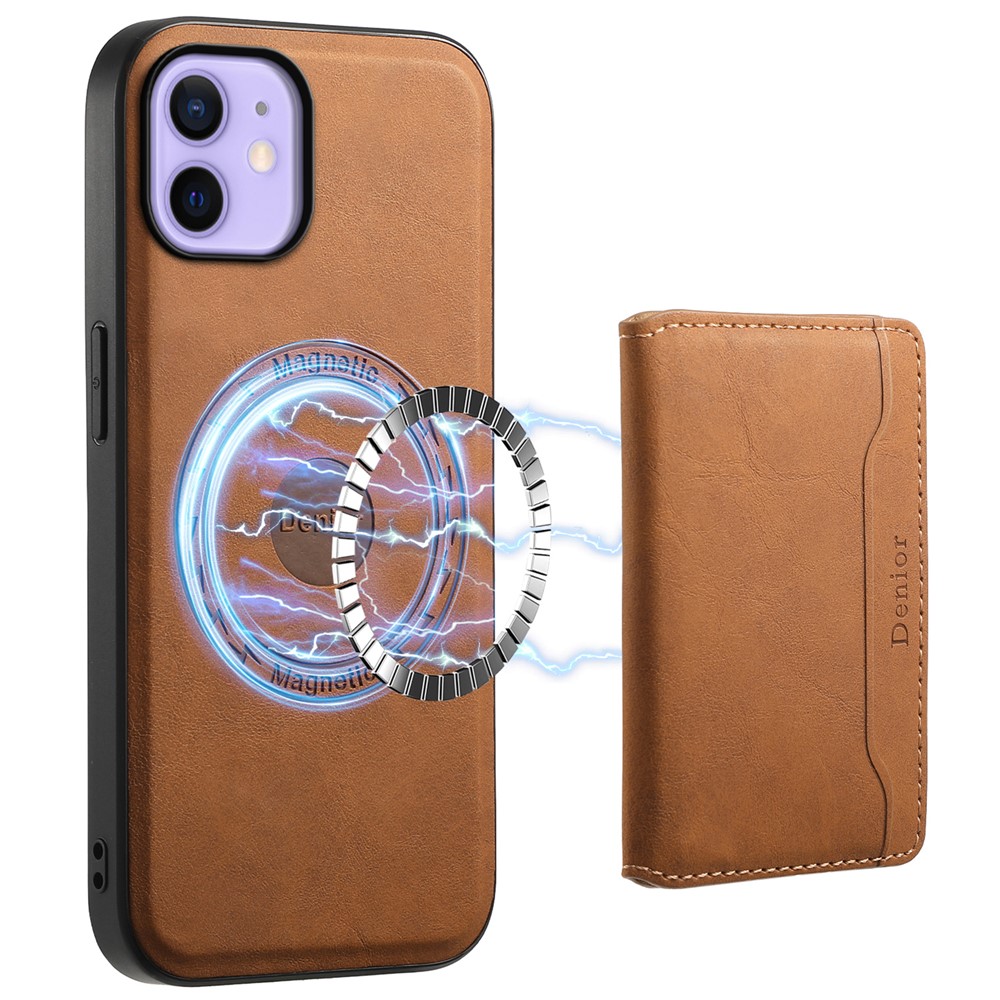 DENIOR D13 For iPhone 12 / 12 Pro Case Vintage PU Leather Back Cover with Detachable Card Holder - Brown