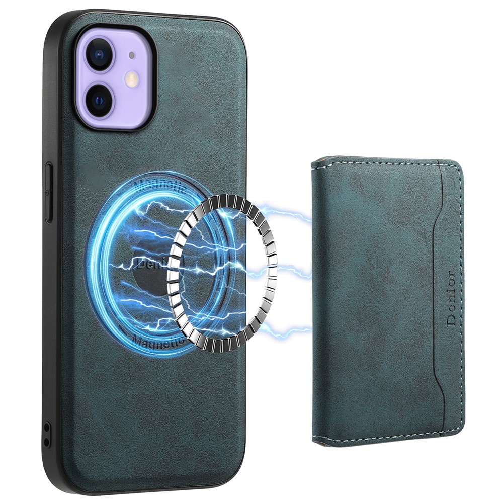 DENIOR D13 For iPhone 12 / 12 Pro Case Vintage PU Leather Back Cover with Detachable Card Holder - Blue