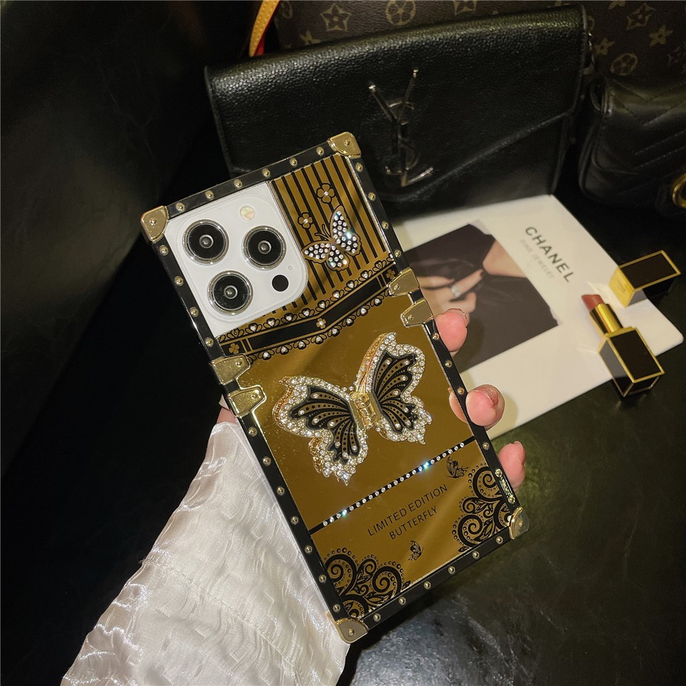 For iPhone 13 Pro Anti-Scratch Electroplated Cover TPU+PC Phone Case with Butterfly Kickstand - Black