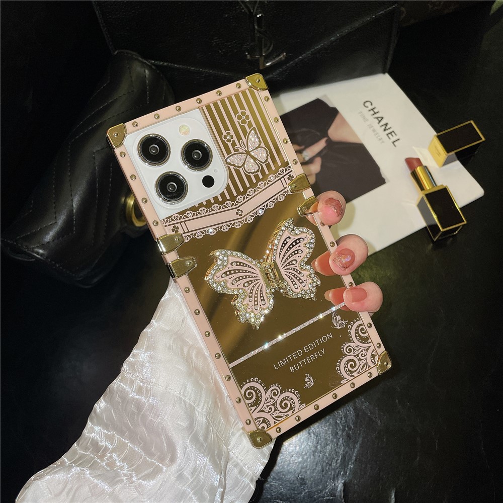 For iPhone 13 Pro Anti-scratch Electroplated Cover TPU+PC Phone Case with Butterfly Kickstand - Pink