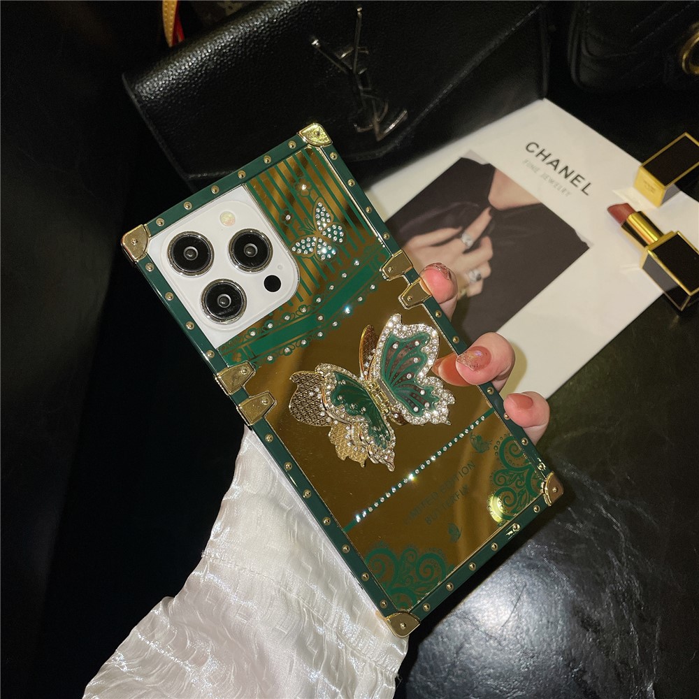 For iPhone 13 Pro Anti-scratch Electroplated Cover TPU+PC Phone Case with Butterfly Kickstand - Blackish Green