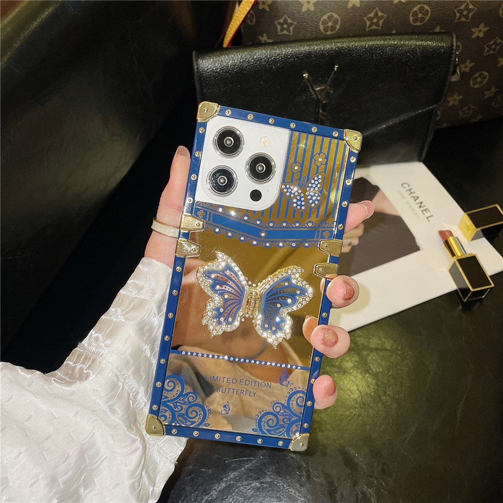 For iPhone 13 Pro Anti-scratch Electroplated Cover TPU+PC Phone Case with Butterfly Kickstand - Navy Blue