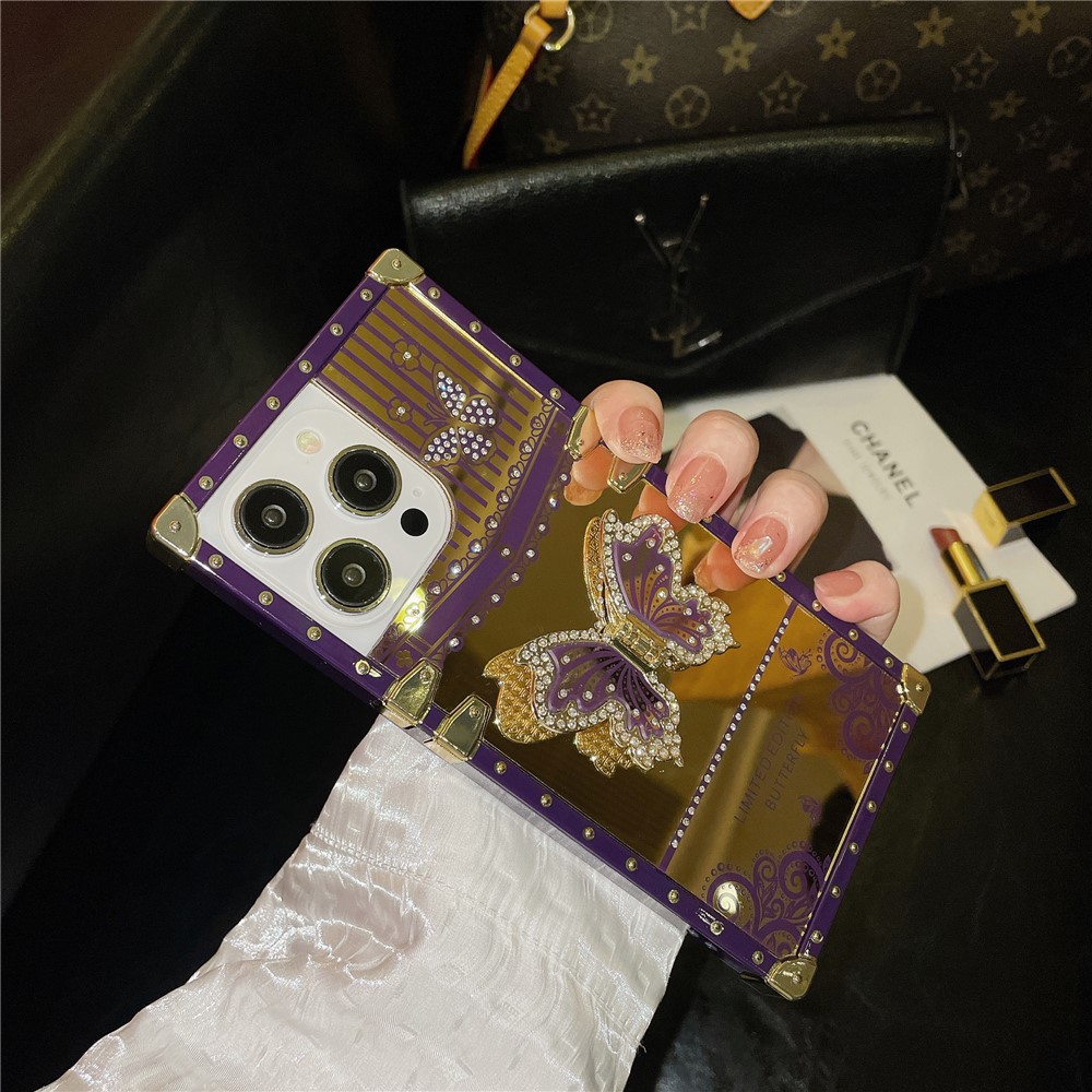 For iPhone 13 Pro Anti-scratch Electroplated Cover TPU+PC Phone Case with Butterfly Kickstand - Dark Purple