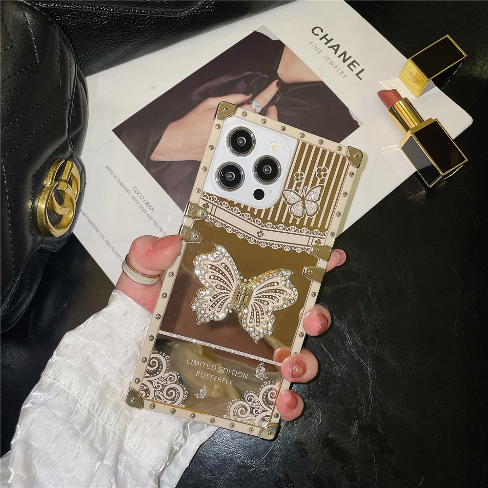 For iPhone 13 Pro Anti-scratch Electroplated Cover TPU+PC Phone Case with Butterfly Kickstand - White