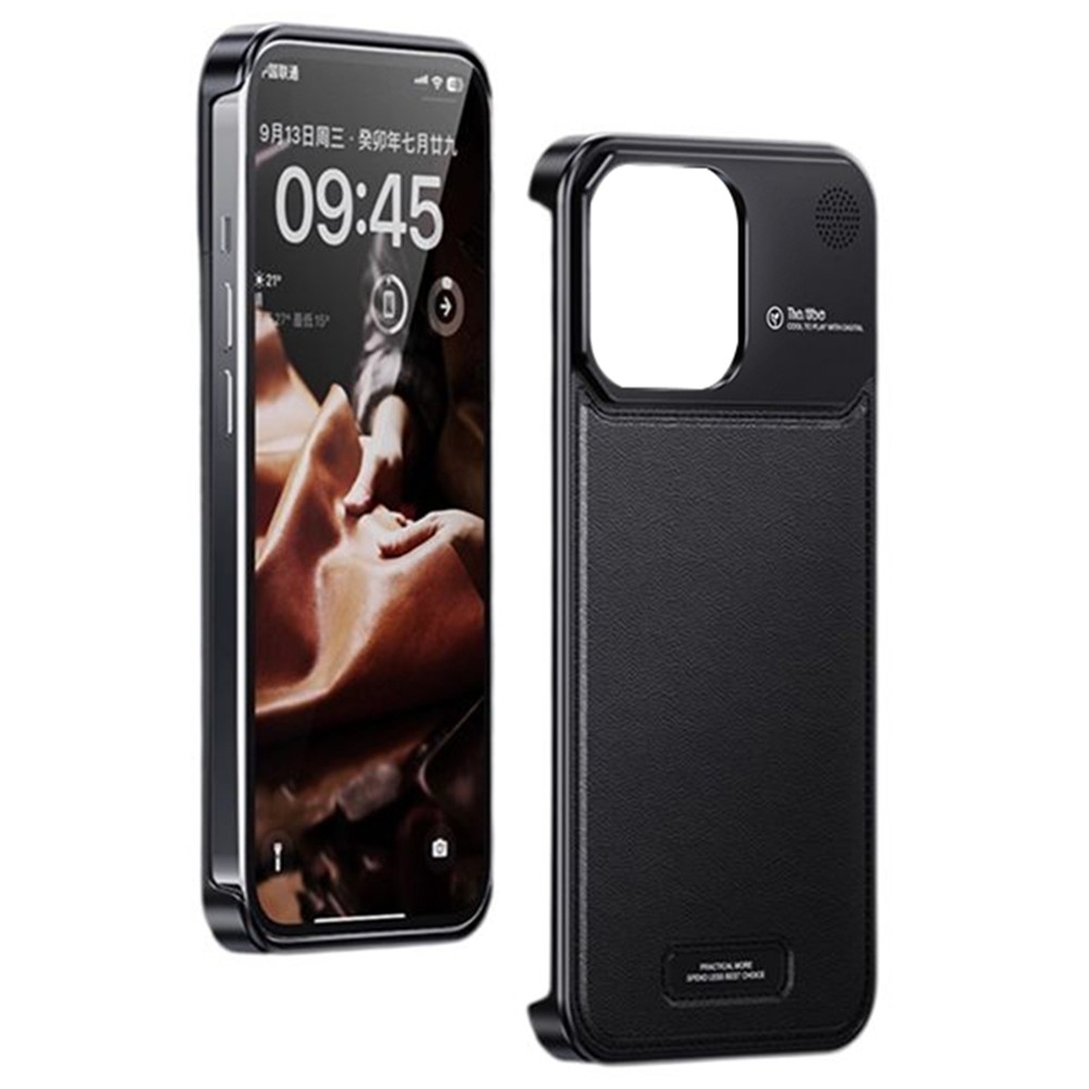 For iPhone 13 Pro Max Magnetic Case Leather+Aluminium Alloy Borderless Aromatherapy Phone Cover - Black