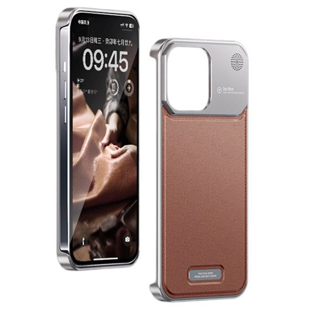 For iPhone 13 Pro Max Magnetic Case Leather+Aluminium Alloy Borderless Aromatherapy Phone Cover - Brown