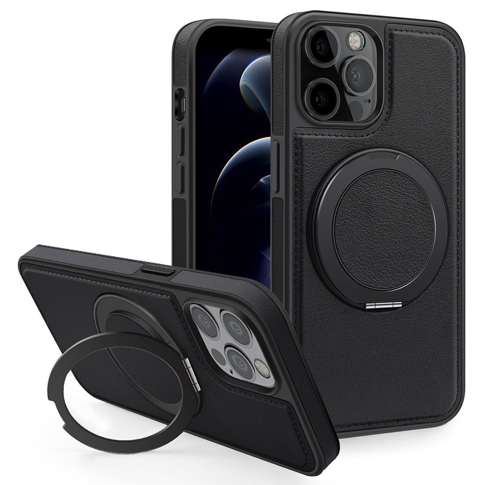 For iPhone 12 / 12 Pro Case with Ring Kickstand Compatible with MagSafe PU Leather Back Cover - Black