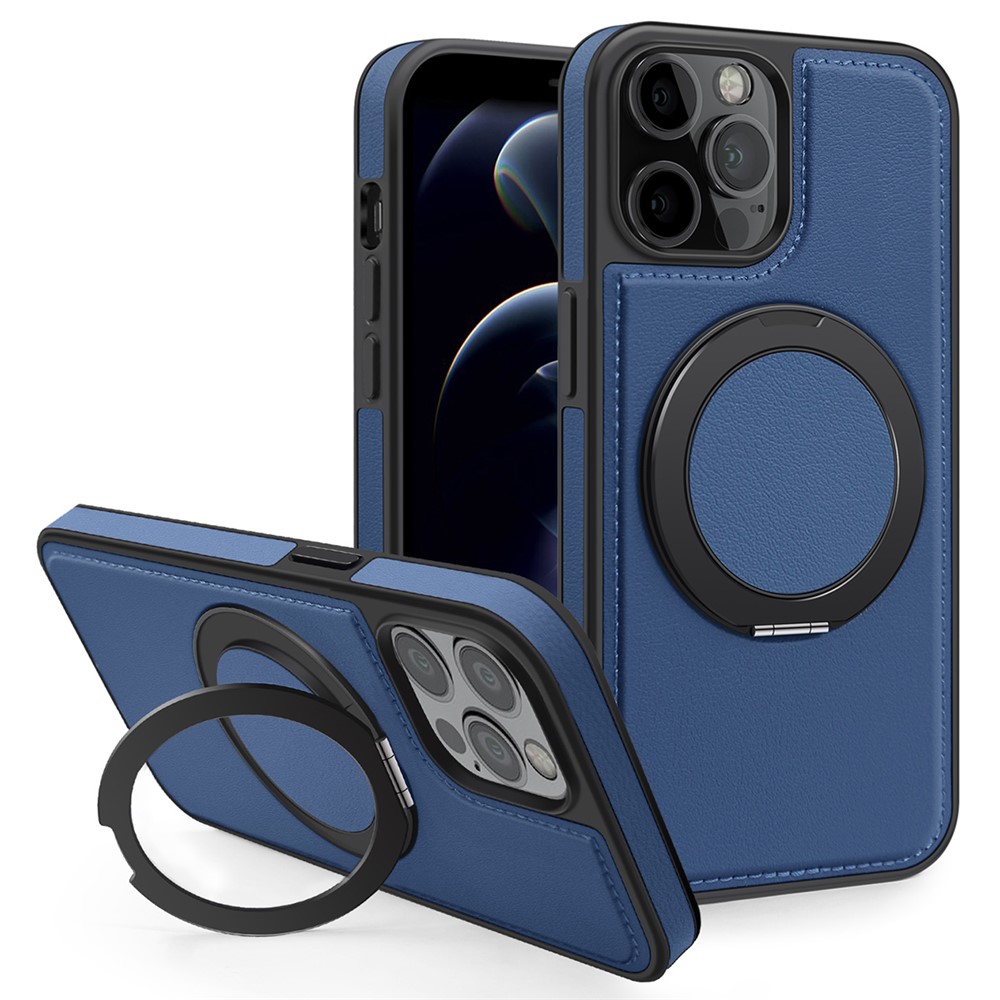 For iPhone 12 / 12 Pro Case with Ring Kickstand Compatible with MagSafe PU Leather Back Cover - Blue