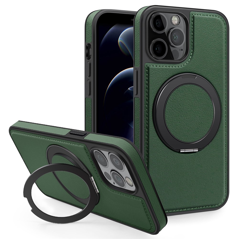 For iPhone 12 / 12 Pro Case with Ring Kickstand Compatible with MagSafe PU Leather Back Cover - Dark Green